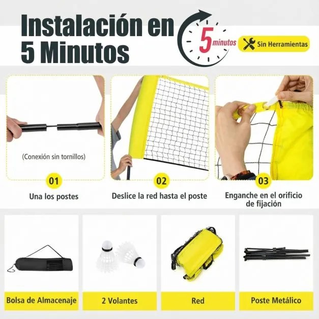 Rede de badminton 310 cm portátil ajustável em altura com postes, bolsa de transporte e 2 penas para interior e exterior Amarela