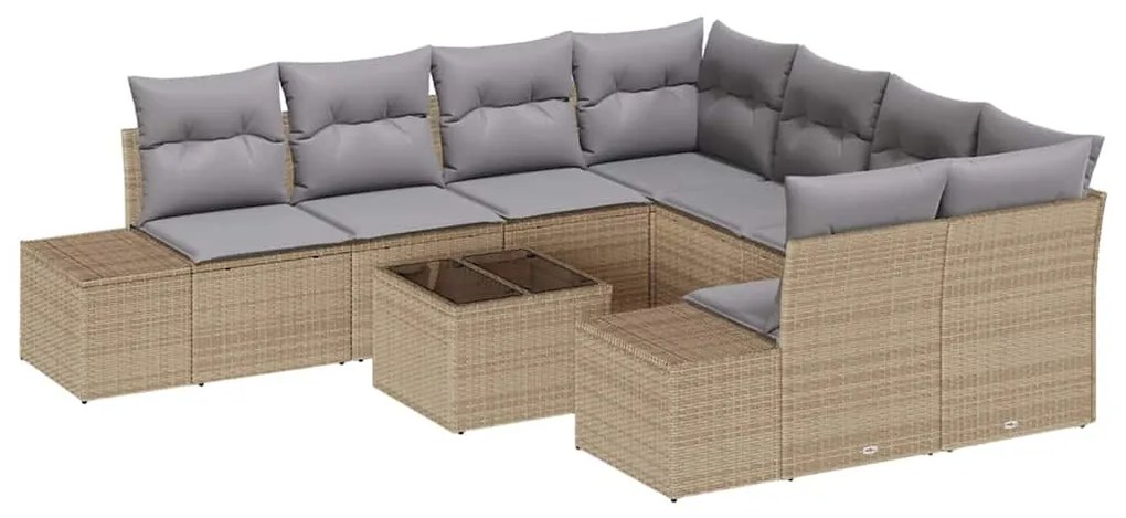 Conjunto de Sofá de Jardim de 9 Peças com Almofadas Bejas em Rattan Po