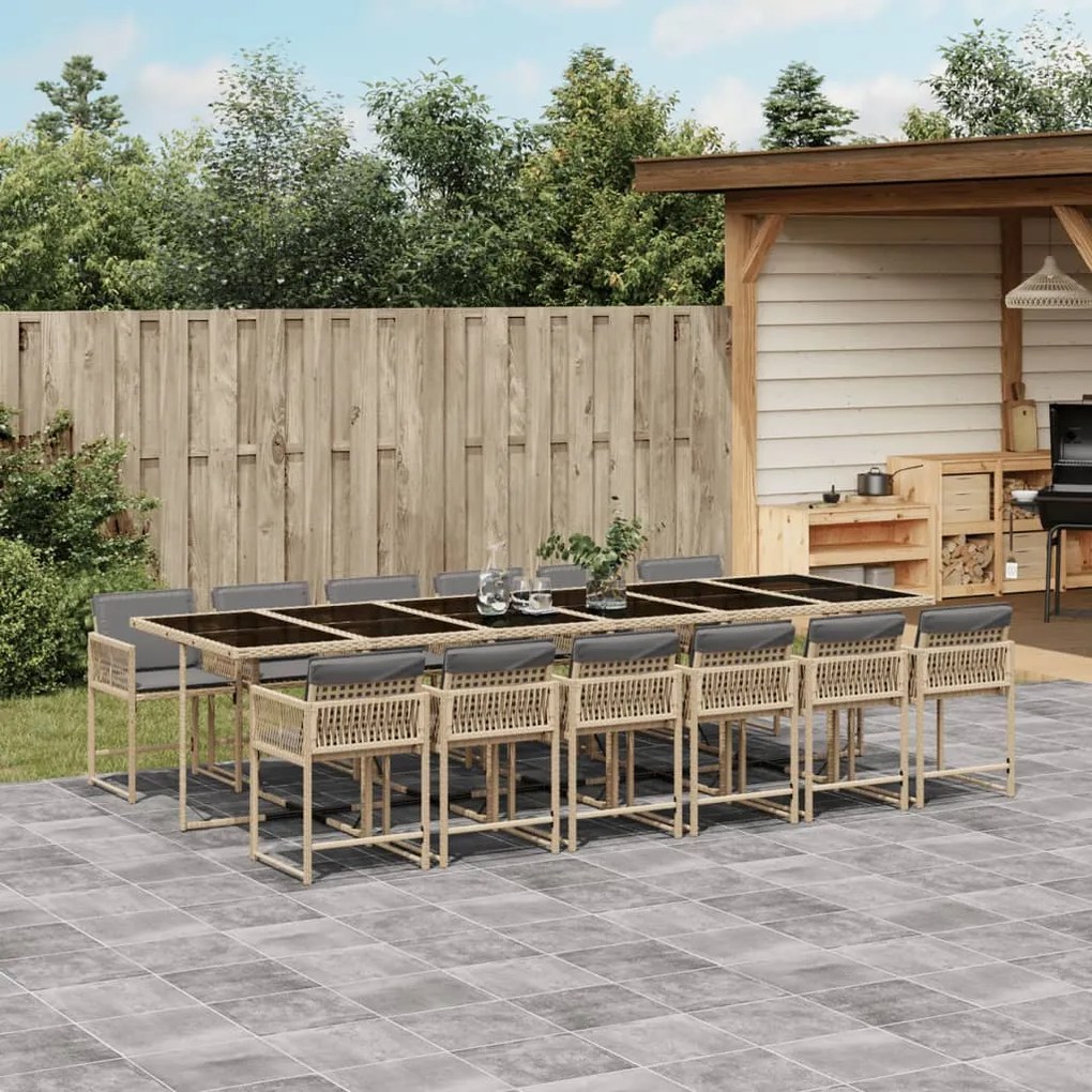 vidaXL 13 pcs conj. jantar jardim c/ almofadões vime PE bege misturado