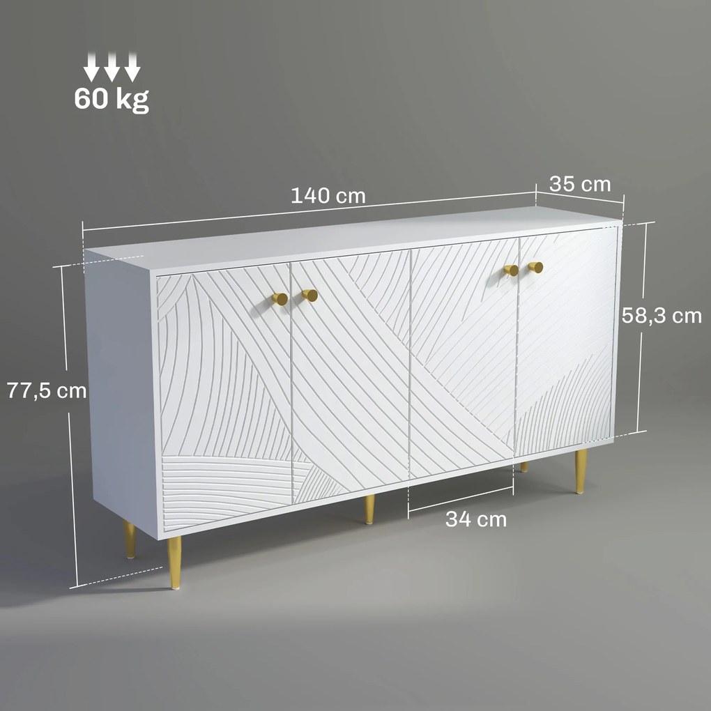 Aparador de sala 140 x 35 x 77,5 cm com prateleiras ajustáveis e armários com portas, branco