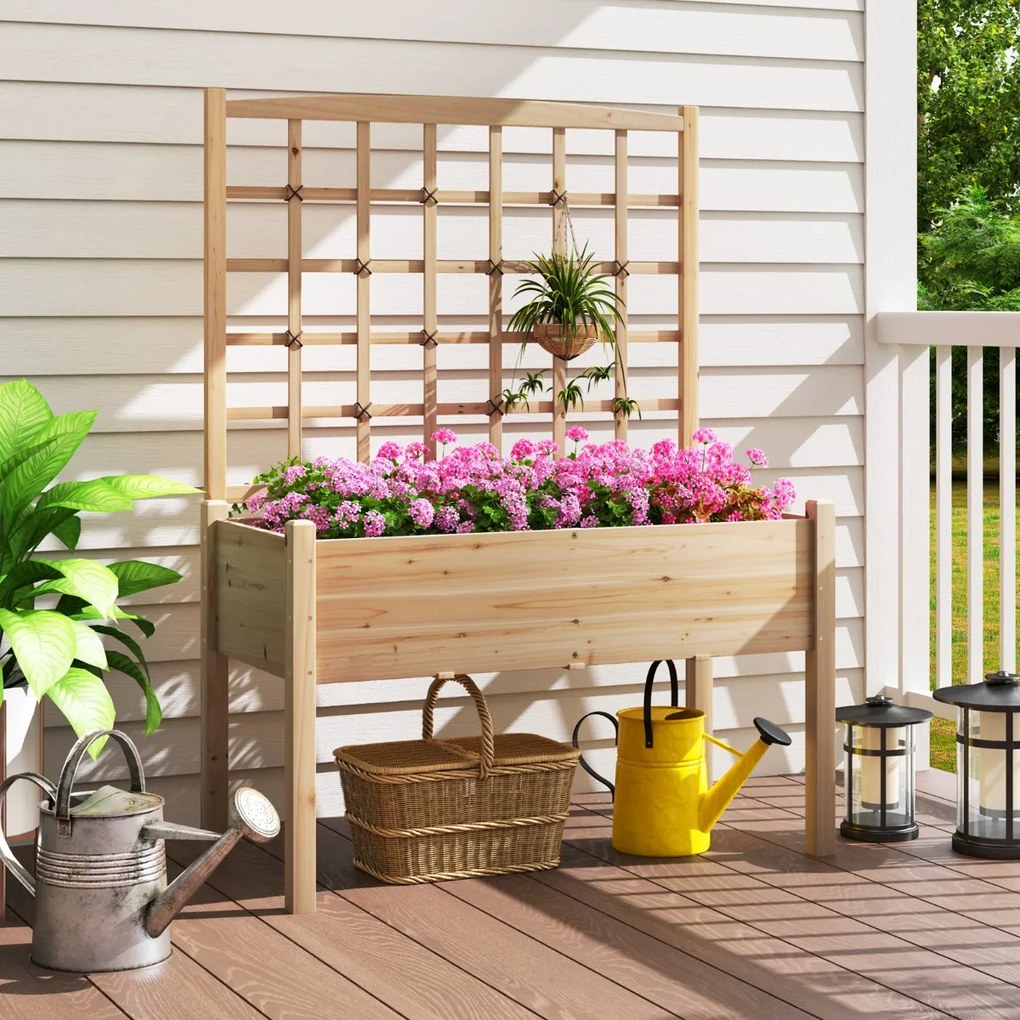 Floreira de jardim elevada com treliça e orifícios de drenagem para exterior 117 x 60 x 160 cm Natural