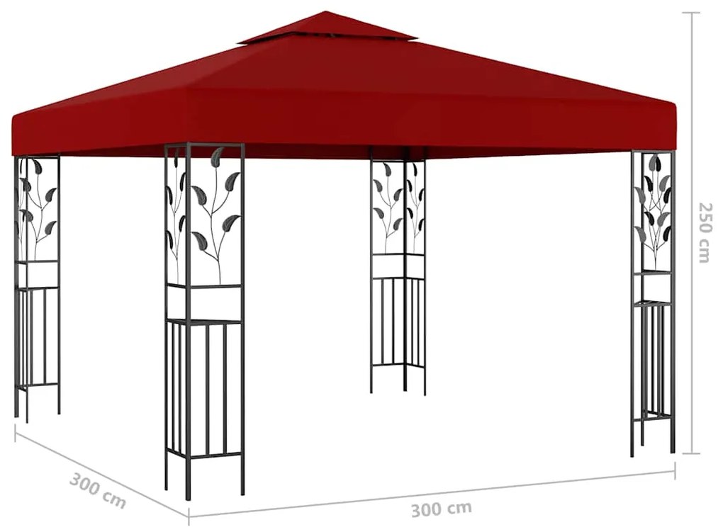 Gazebo com cordões de luzes LED 3x3 m vermelho tinto