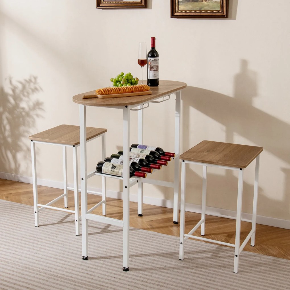 Mesa de bar com conjunto de 2 bancos com suportes para copos de vinho e garrafas, natural