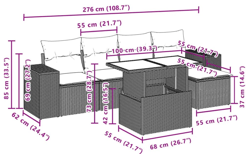 6 pcs conjunto de sofás jardim c/ almofadões vime PE castanho