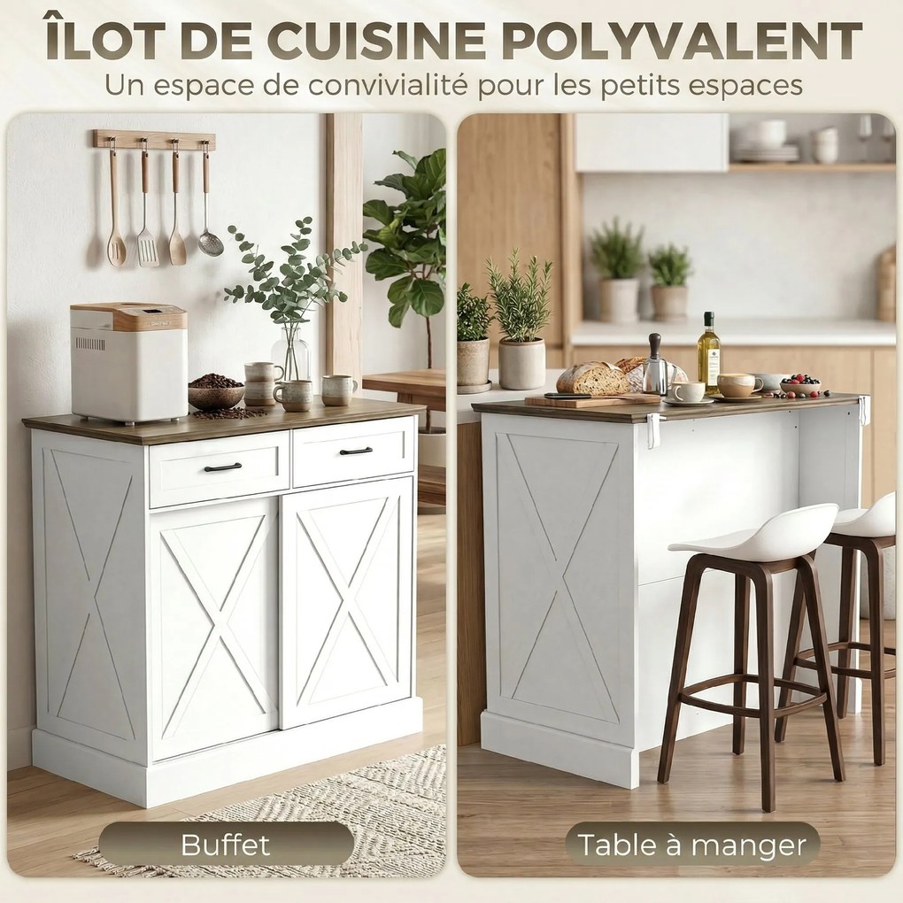 Ilha central de cozinha 106,4 (L) x 57 (P) x 92 (A) cm (BANCOS NÃO INCLUIDOS), móvel de arrumação com 2 gavetas e 2 portas de correr, prateleira ajust