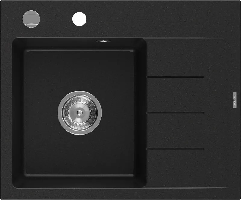 Mexen Ben lava-loiça de granito de 1 cuba com escorredor, esquerdo 600 x 500 mm, preto, sifão cromado - 6522605000-77