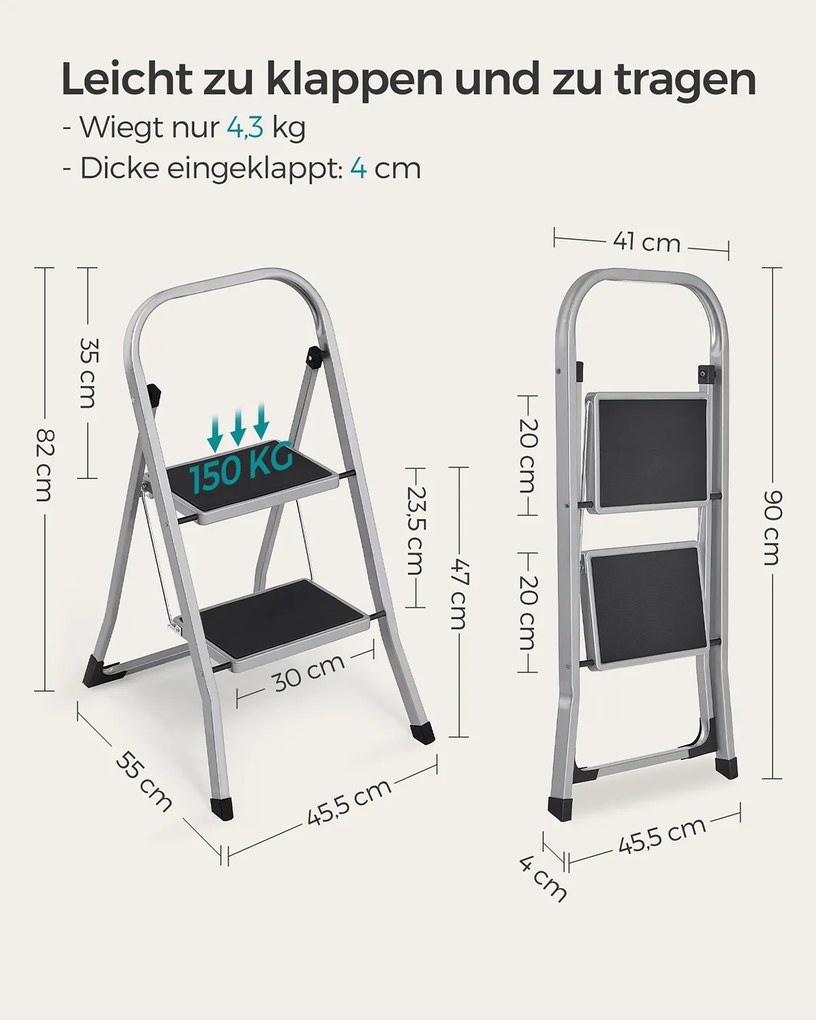 Escadote com 2 degraus até 150 kg 45,5 x 82 cm Cinzento