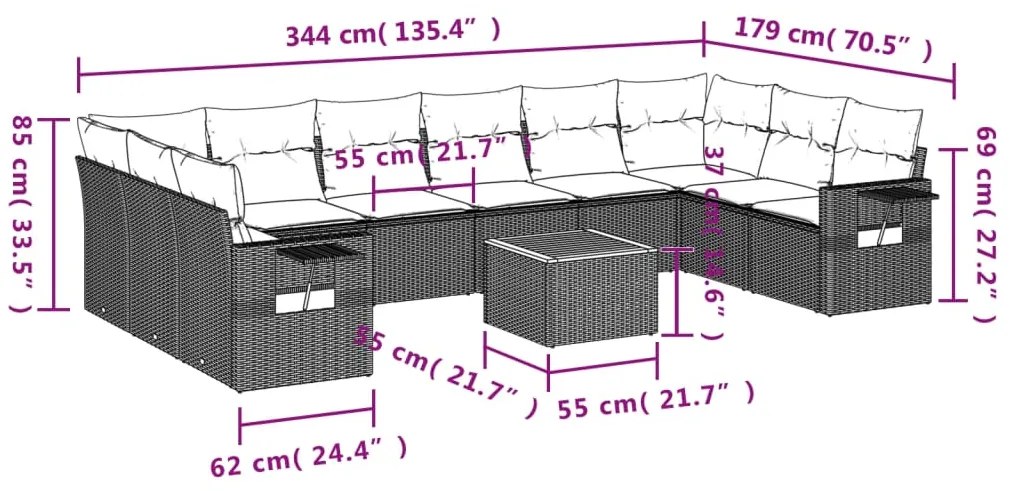 11 pcs conjunto sofás de jardim c/ almofadões vime PE bege