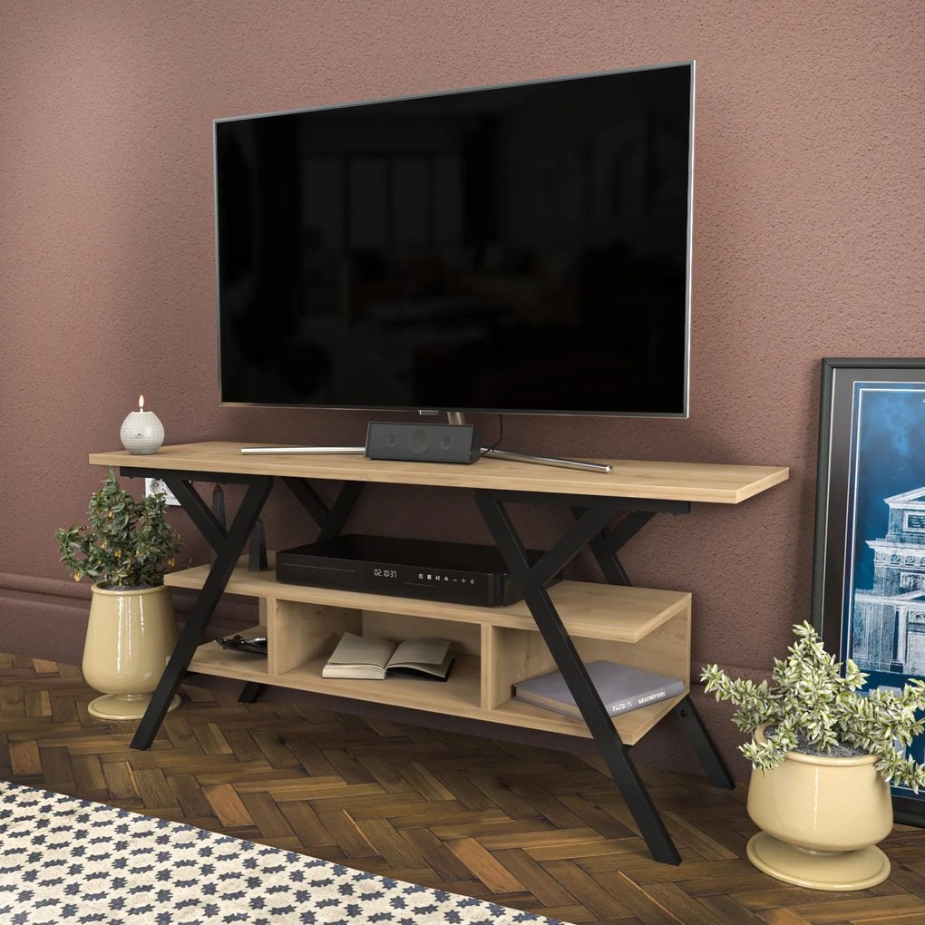 Móvel TV Minerva – Preto e Carvalho – 120x35x55 cm