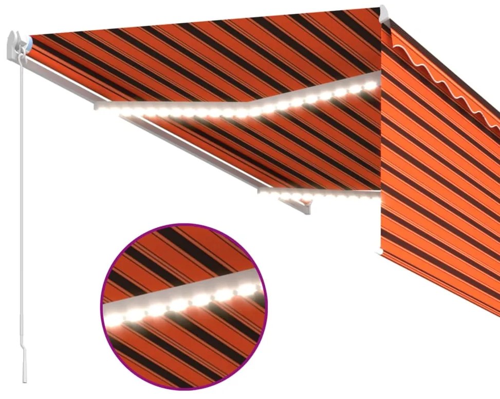 Toldo retrátil manual com estore/LED 3,5x2,5 m laranja/castanho