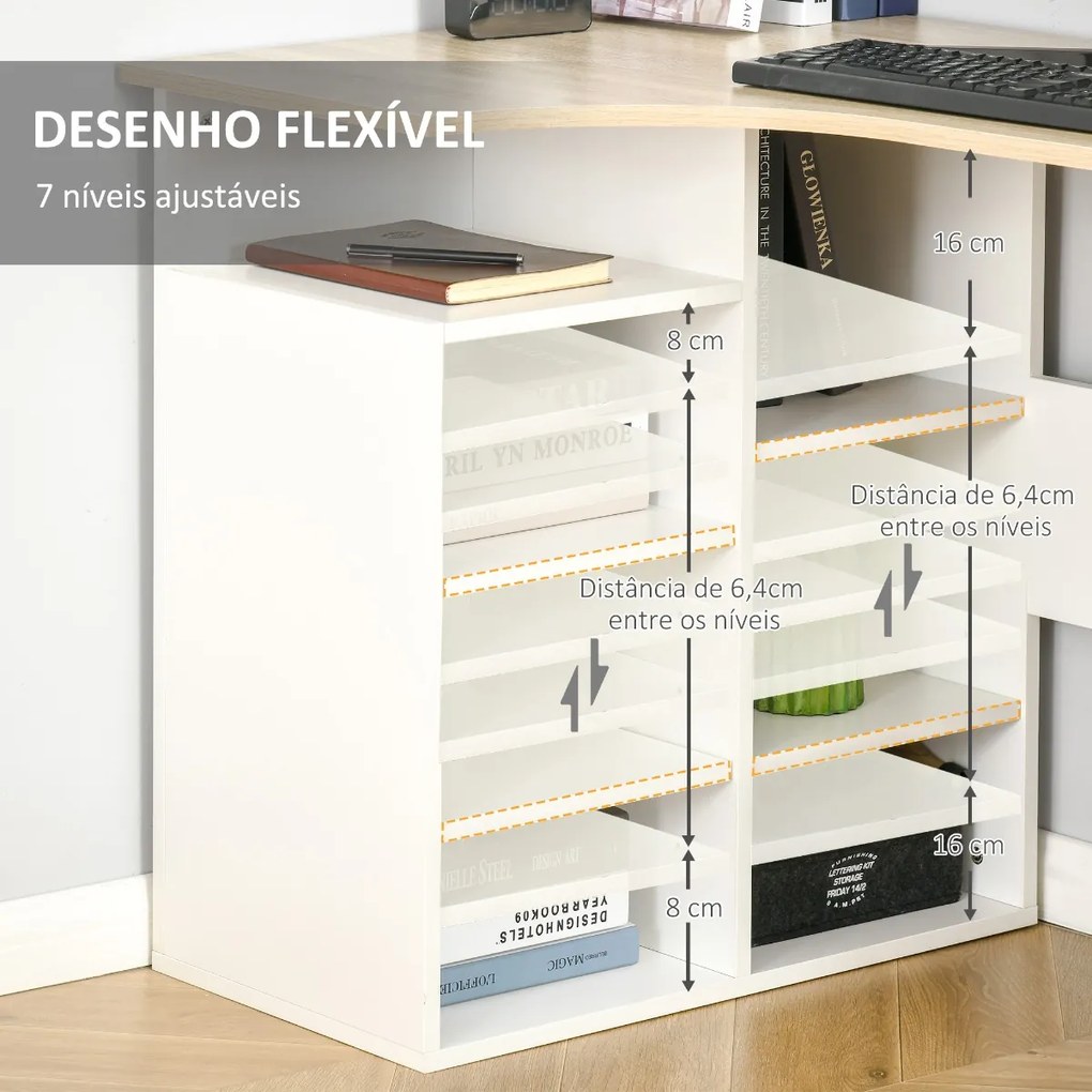 Secretária de Canto Secretária em Forma de L com Prateleiras Ajustáveis para Escritório Casa Estúdio 120x70x75cm Branco e Carvalho