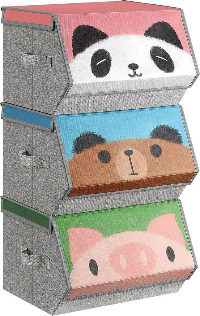 Conjunto de 3 caixas de arrumação 38 x 35 x 75 cm com desenhos de panda, urso e porco