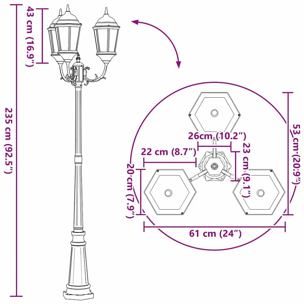 Poste de Luz de Jardim 3-Lâmpadas E27 Branco 235 cm Alumínio