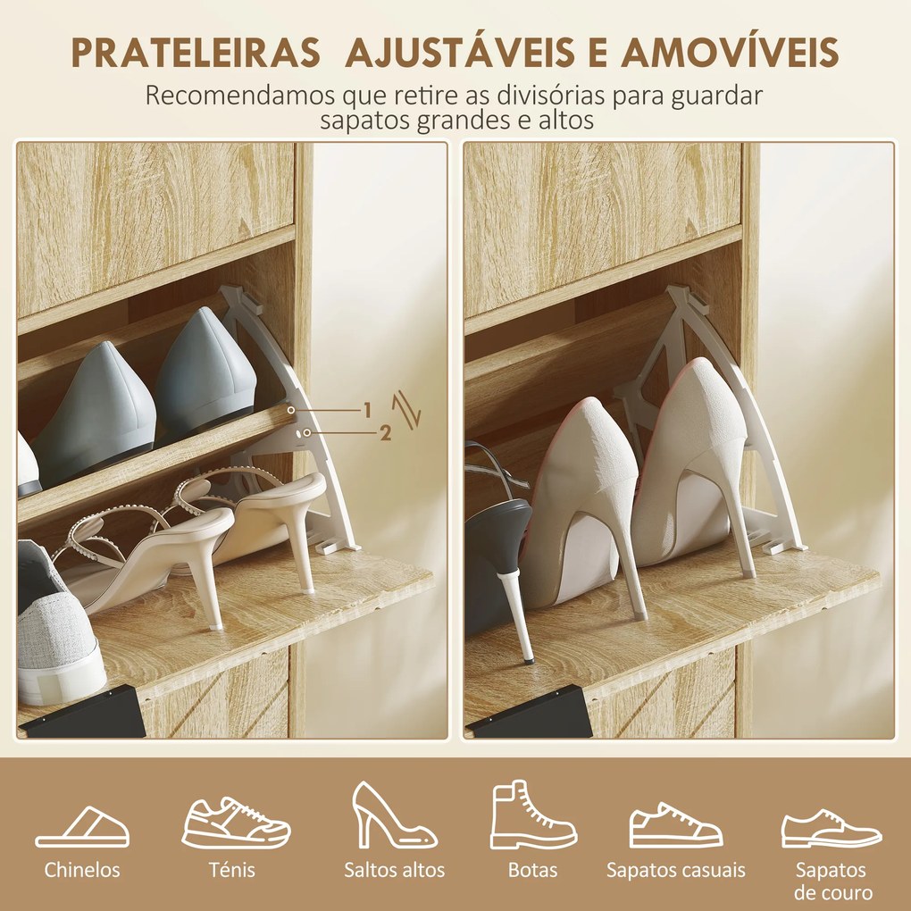 Sapateira Estreita com 2 Portas Gaveta e Prateleiras Ajustáveis para 8 Pares de Sapatos 60x24x105,5 cm Madeira
