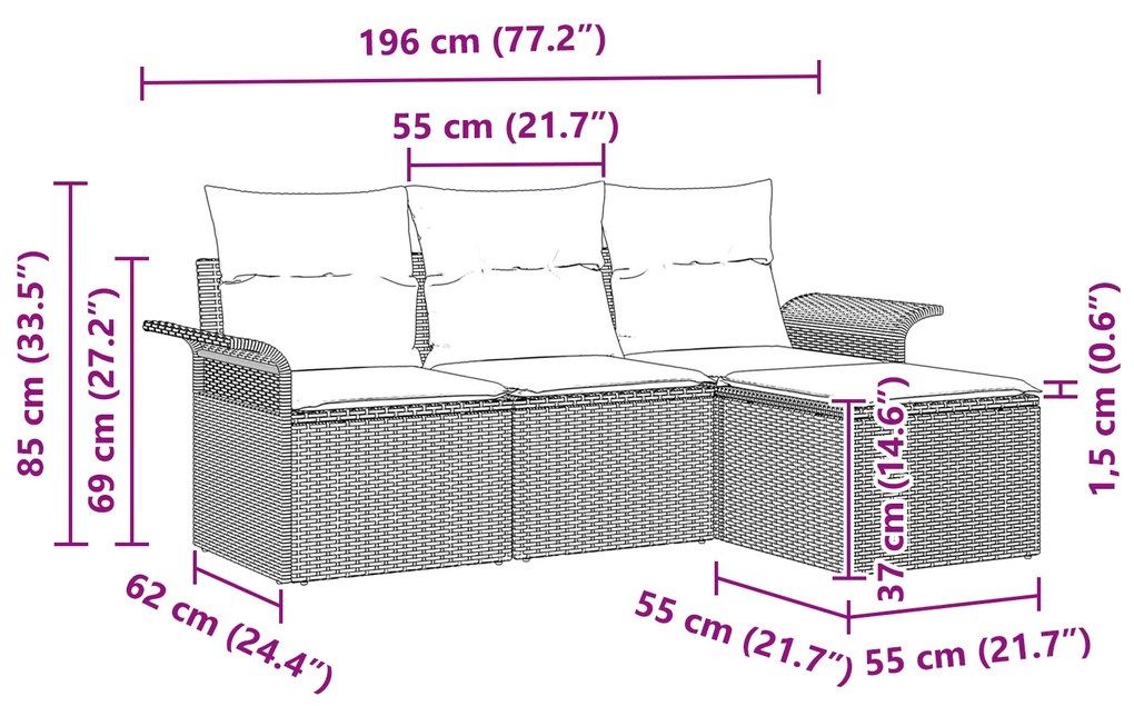 Conjunto de Sofá de Jardim de 4 Peças com Almofadas Cinza Rattan Polié