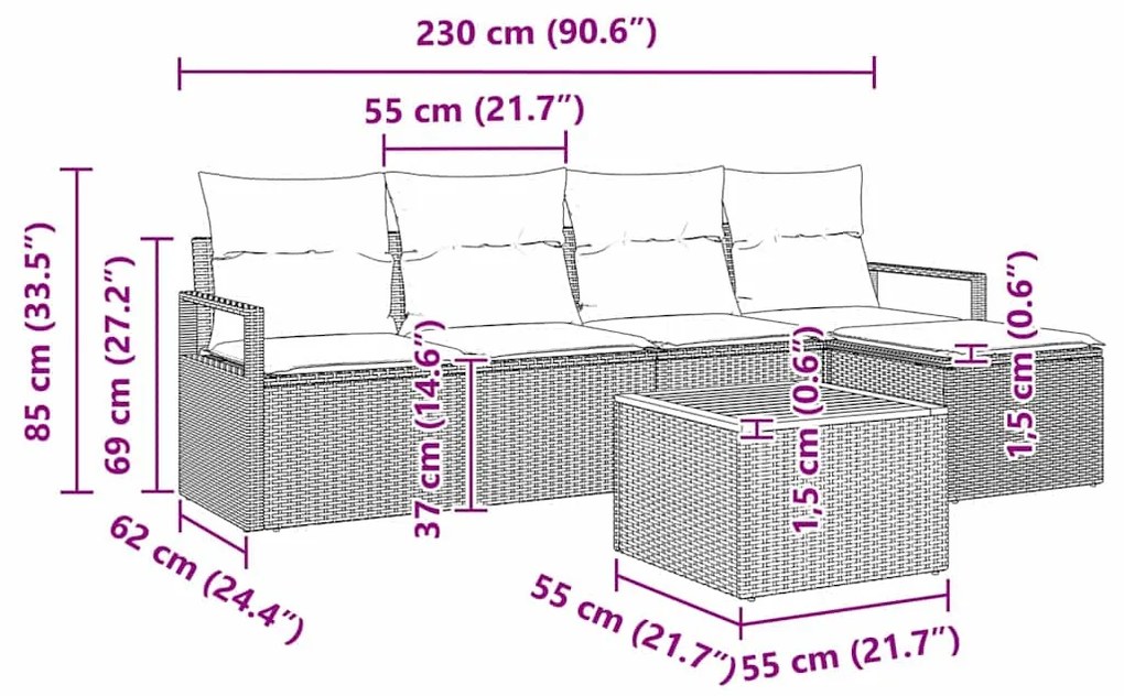Conjunto de Sofá de Jardim de 6 peças com almofadas bege em rattan sin