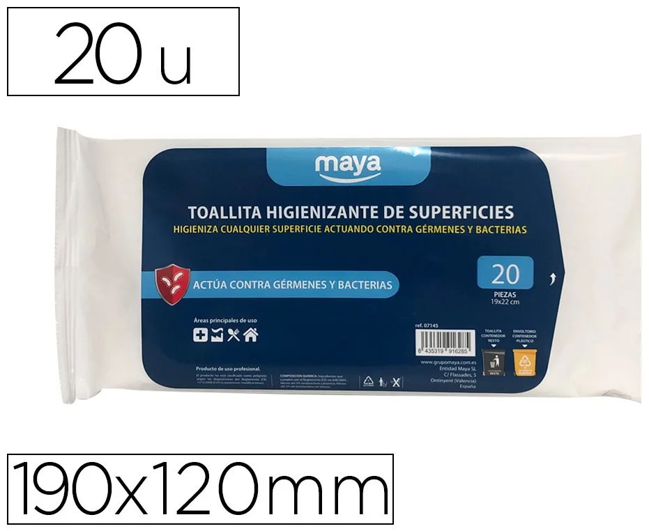 Toalhita Desinfetante para Superficies Medidas 190 X 120 mm Pack 20 Unidades