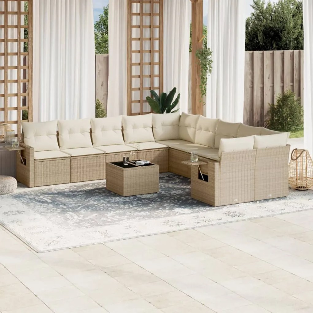 11 pcs conjunto sofás de jardim c/ almofadões vime PE bege