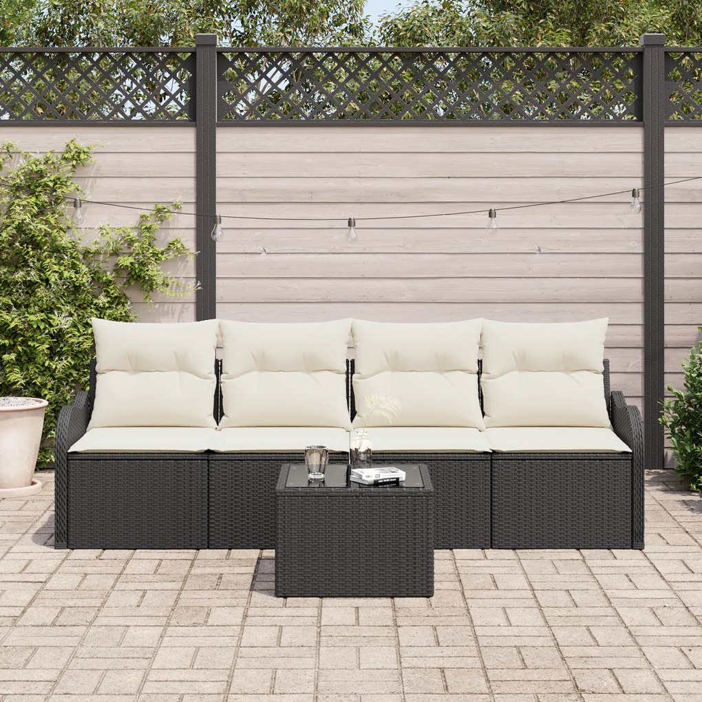 Conjunto de Sofá de Jardim vidaXL de 5 Peças com Almofadas Preto em Po