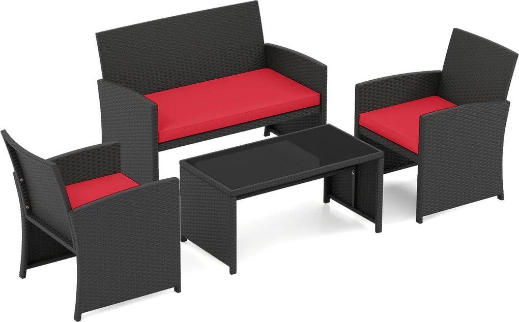 Conjunto de jardim em rattan com 4 peças: sofás de 2 lugares, mesa de vidro temperado e almofadas para exterior, varanda ou piscina, Preto+vermelho