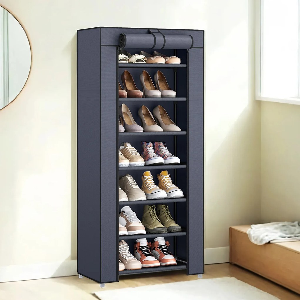 Sapateira com 7 prateleiras, com cobertura, armário para sapatos 28 x 46 x 126 cm cinzento