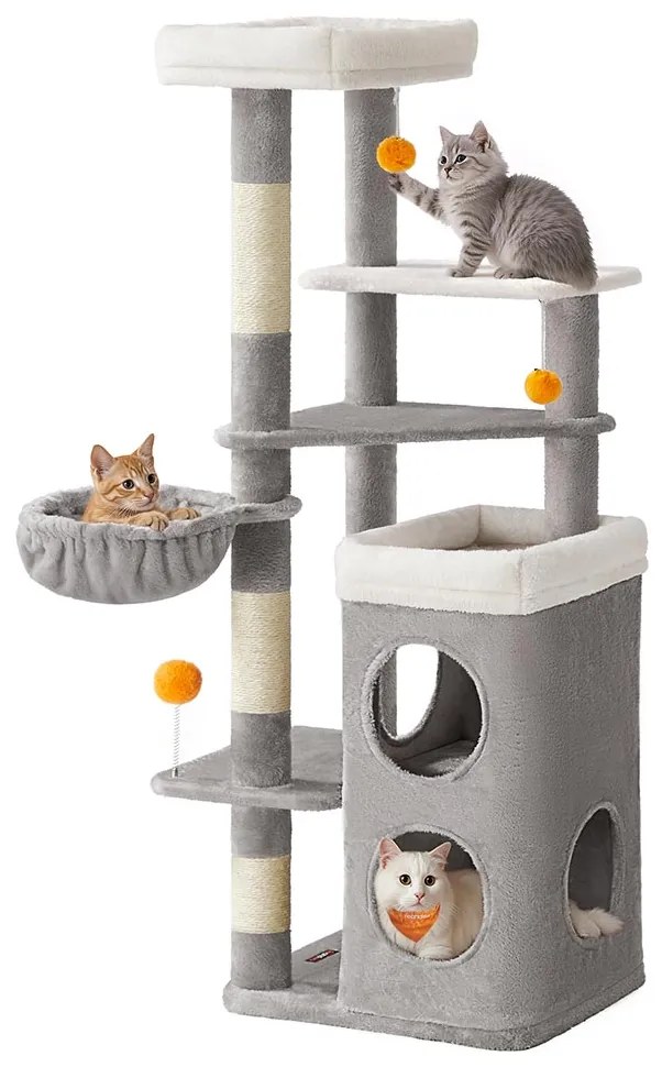 Arranhador de vários andares com cavernas e plataformas para gatos 53 x 46 x 152 cm Cinzento