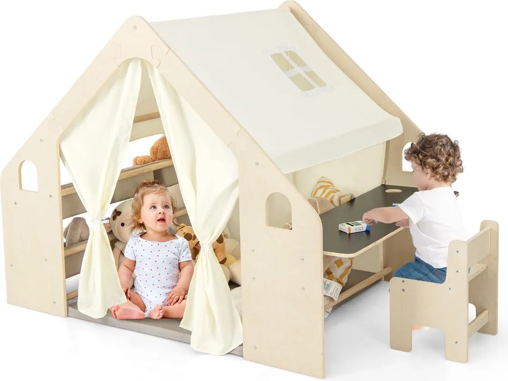 Tenda de brincar para crianças 6 em 1 145 x 98 x 113 cm dos 2 aos 6 anos com quadro de madeira cortinas secretária mesa cadeira estante bege