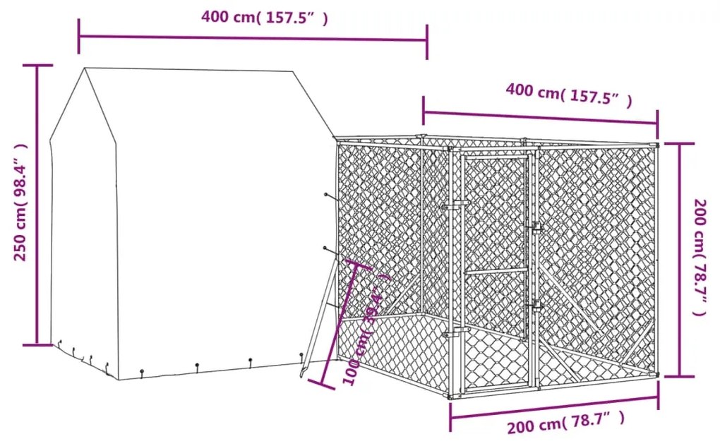 Canil de exterior com teto 4x4x2,5 m aço galvanizado prateado