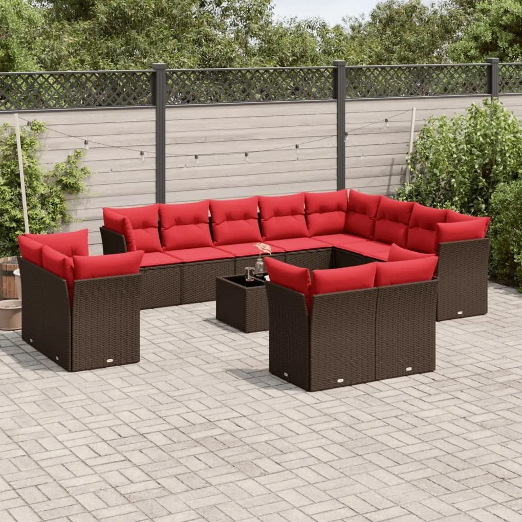vidaXL 13 pcs conjunto sofás p/ jardim c/ almofadões vime PE castanho