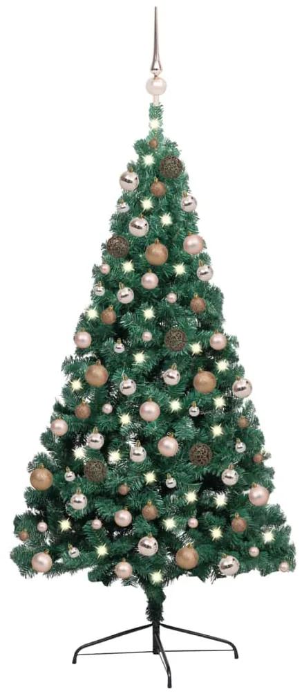 3077567 vidaXL Meia árvore Natal artificial pré-iluminada c/ bolas verde