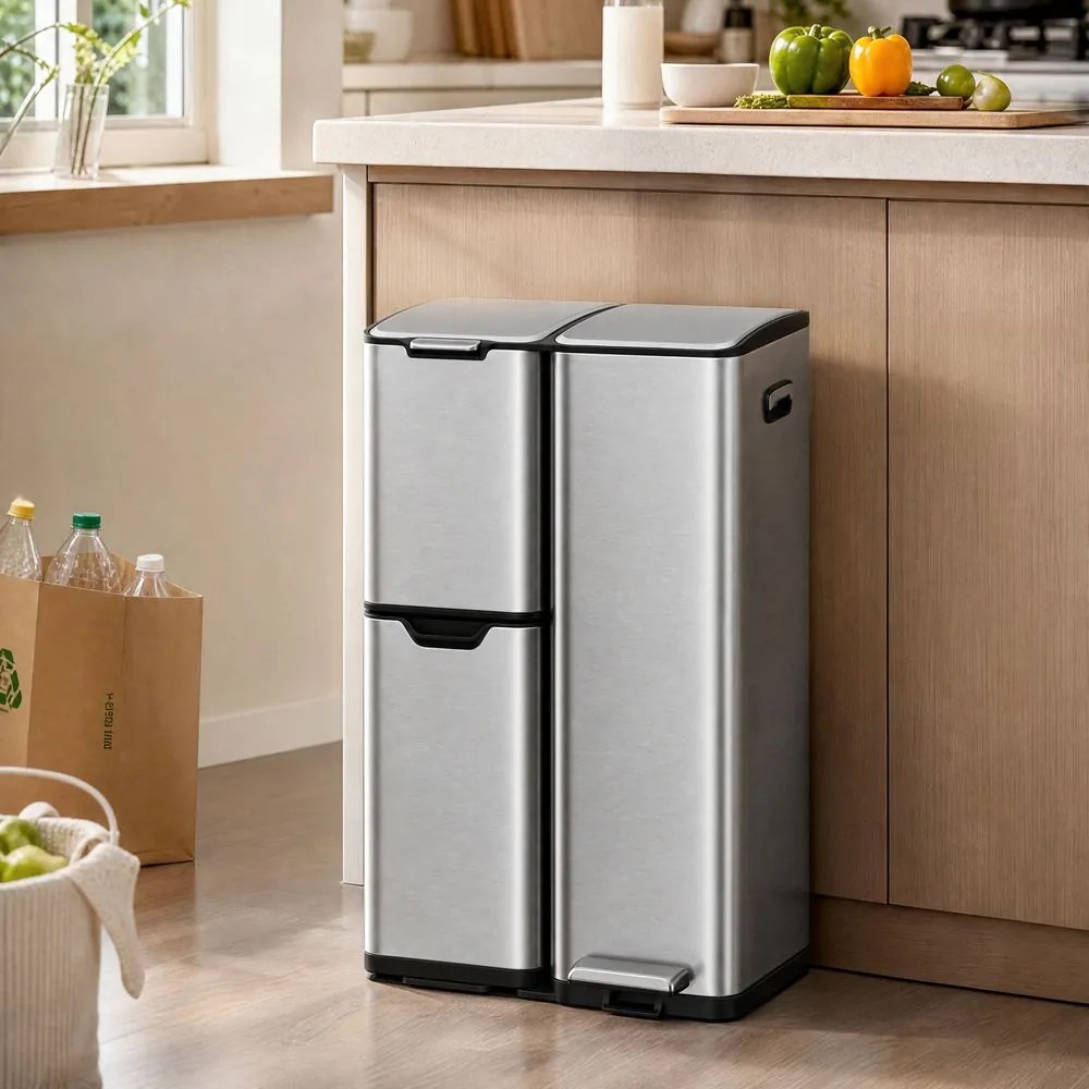 Caixote do lixo de cozinha com pedal e 3 compartimentos, 60 L, 46,7 x 39 x 71,9 cm, prateado