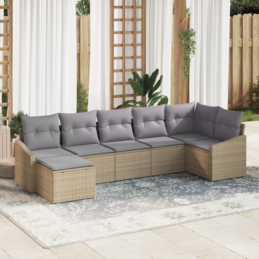 vidaXL Conjunto de Jantar de 7 Peças com Almofadas Bege Rattan Poliéster