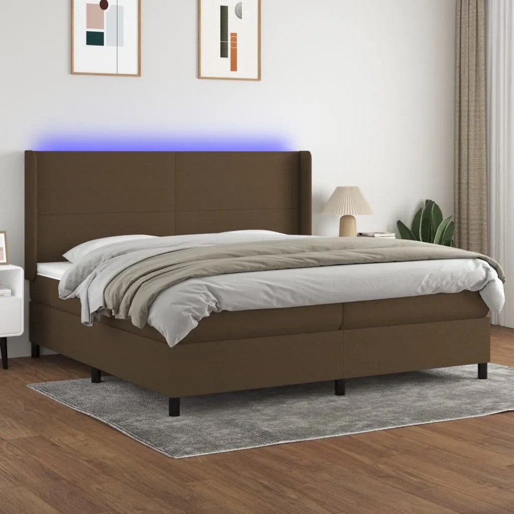 Cama box spring c/ colchão/LED 200x200cm tecido castanho-escuro