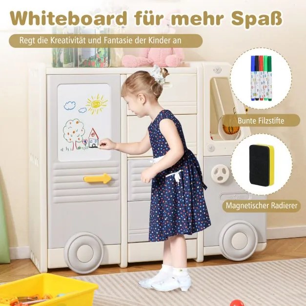 Estante para brinquedos em forma de autocarro para crianças com quadro branco, 4 gavetas e armários, 111 x 34 x 94 cm Bege + Cinza