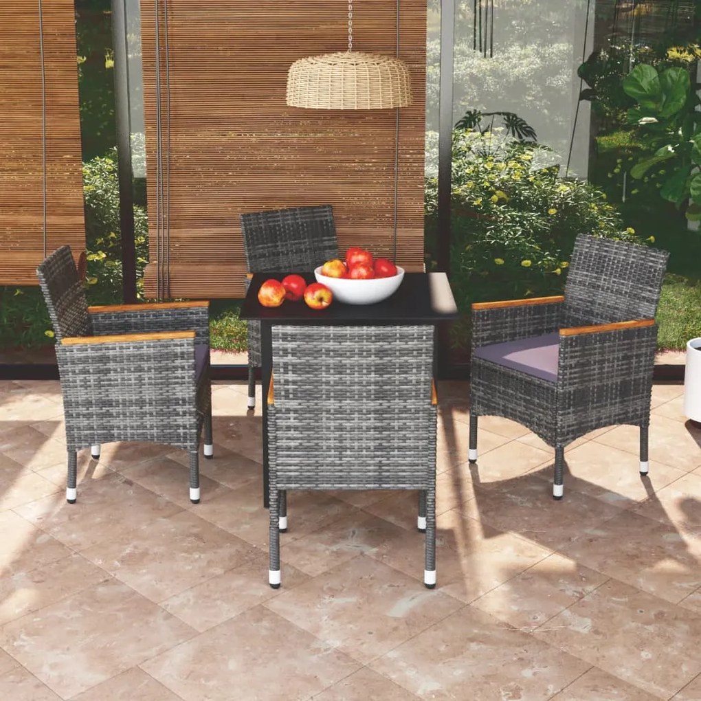 vidaXL 5 pcs conjunto jantar p/ jardim c/ almofadões vime PE cinzento