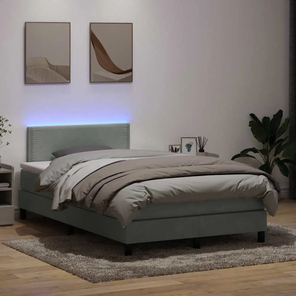 vidaXL Cama box spring c/ colchão e LED 120x220 cm veludo cinzento-claro