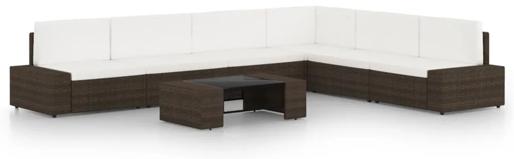7 pcs conjunto lounge p/ jardim c/ almofadões vime PE castanho