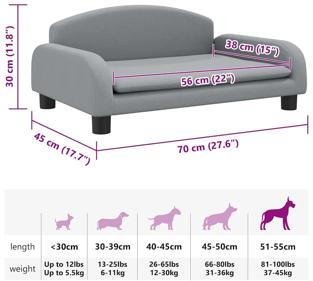 Cama para cães 70x45x30 cm tecido cinzento-claro