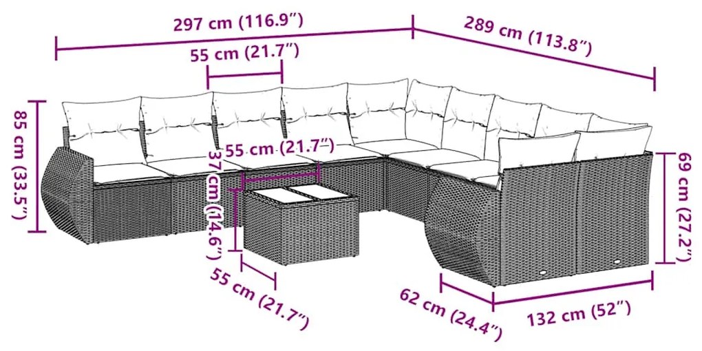 11 pcs conjunto sofás de jardim c/ almofadões vime PE cinzento