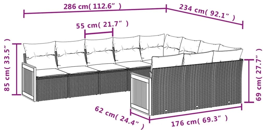 10 pcs conjunto de sofás p/ jardim com almofadões vime PE bege