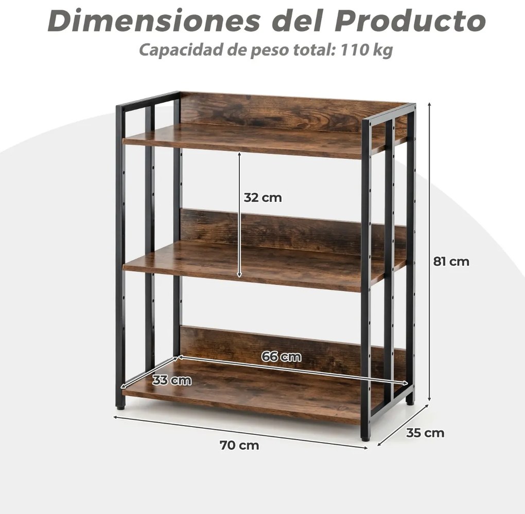 Estante industrial de 3 níveis com dispositivo anti-torção Prateleiras ajustáveis e estrutura metálica para sala, cozinha 70 x 35 x 81 cm Castanho rús