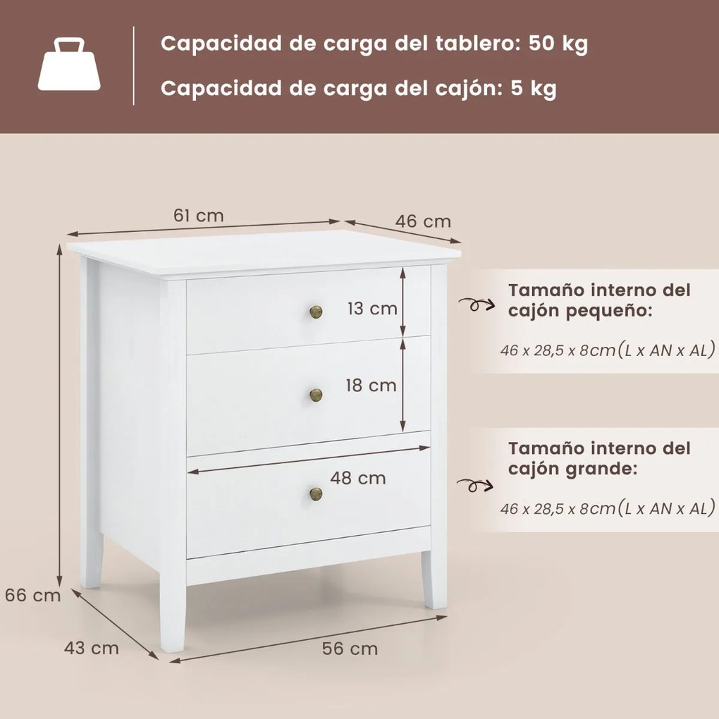 Mesa de Cabeceira "FREJA" com 3 Gavetas – Moderna, Branco – 60 x 45 x