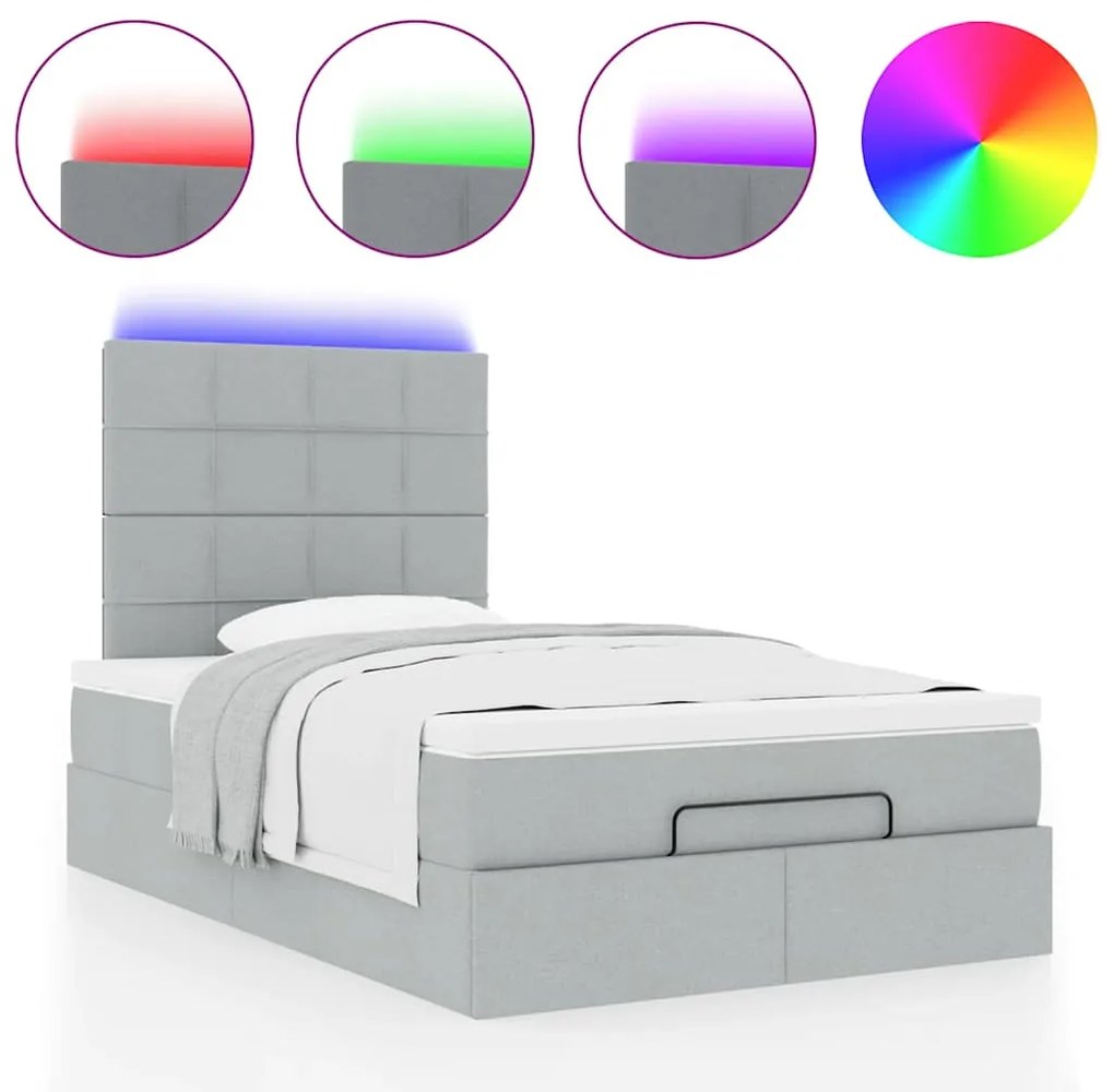 Estrutura de cama otomana com colchão cinza claro tecido