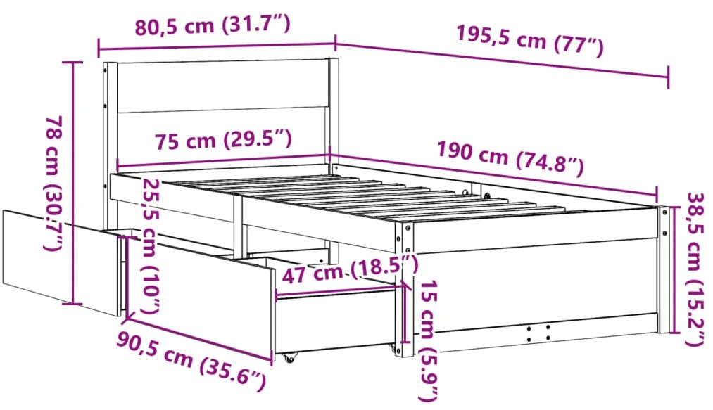 Cama sem colchão 75x190 cm madeira de pinho maciça
