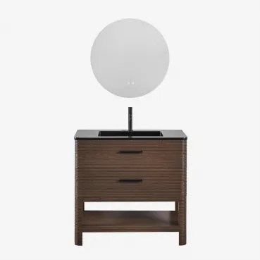 Conjunto De Móvel De Casa De Banho 90x50 Cm Em Madeira Com Lavatório Integrado Misene Madeira Escura & Redondo Led E Anti-embaciamento Ø70 - Sklum