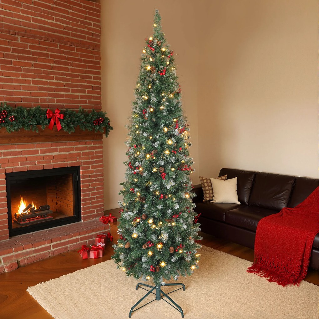 Árvore de Natal Slim 180 cm com Luzes LED 8 Modos de Iluminação 461 Ramos com Purpurina Prateada Pinhas e Bagas Verde