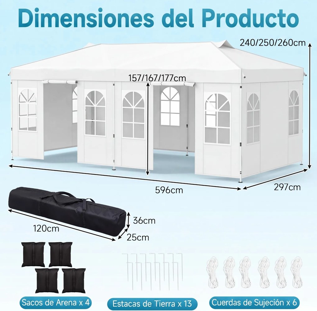 Tenda Dobrável para Exterior, 600 x 300 cm, Altura Ajustável em 3 Níveis, Branco