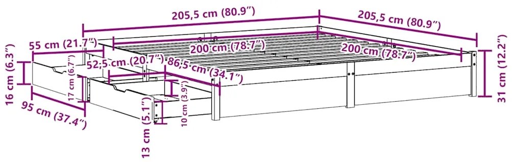 Cama sem colchão 200x200 cm madeira de pinho maciça branco
