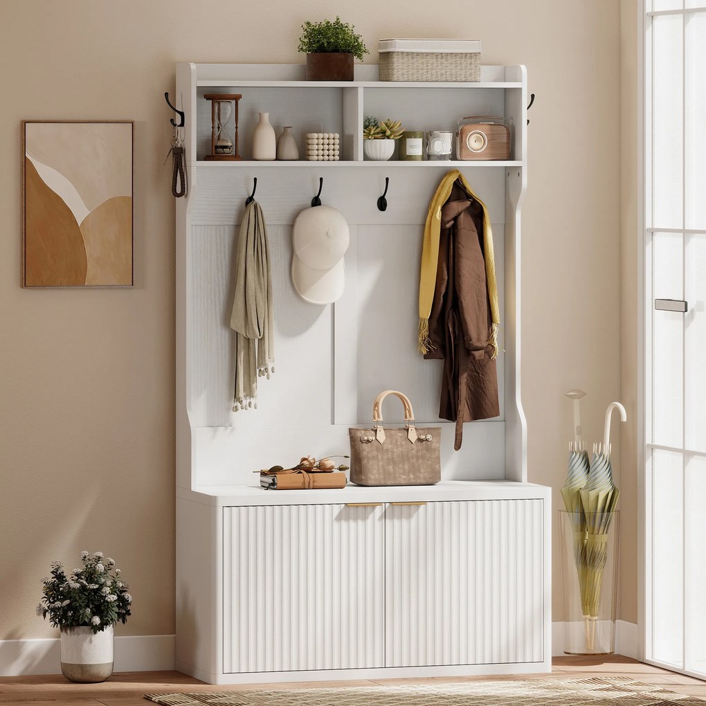 Móvel Cabide de Entrada com Sapateira Prateleiras Abertas e 6 Ganchos Estilo Moderno 100x38x172 cm Branco