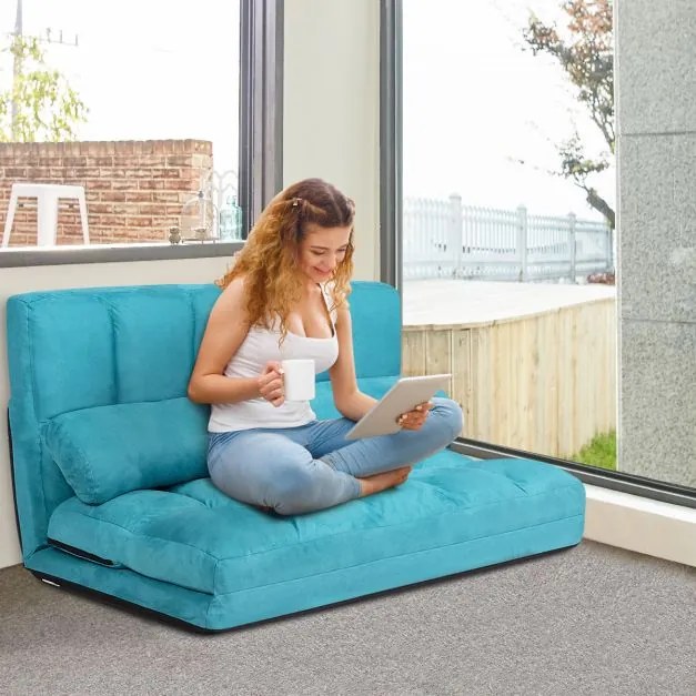 Sofá de chão ajustável Sofá-cama dobrável em 6 posições Revestimento removível em camurça com 2 almofadas Azul